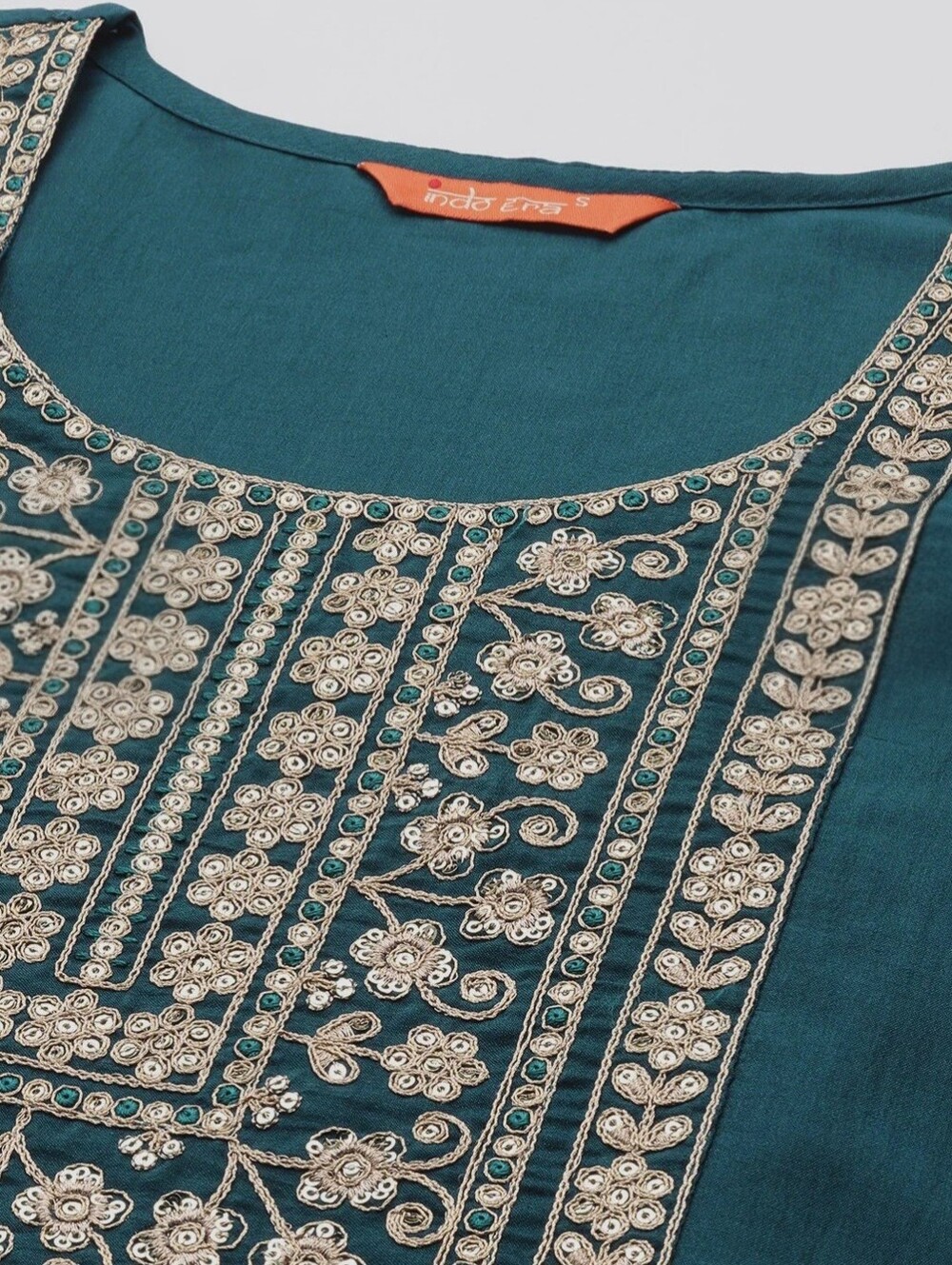 Indian ethic dress/ Elegant Teal Kurta Set with Gold Embroidery & Dupatta - Picture 3 of 5